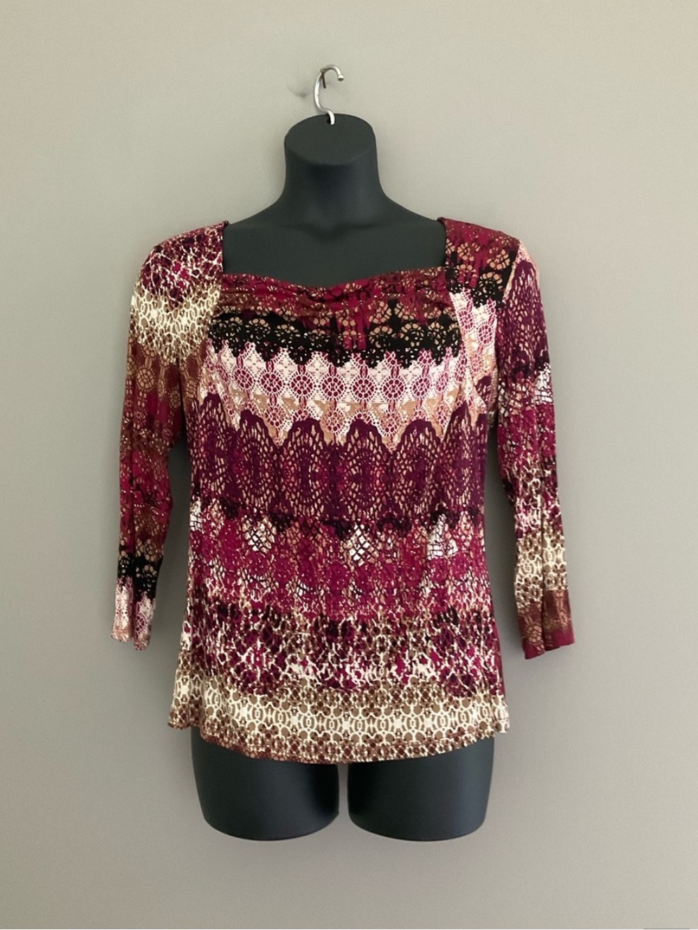 Cable & Gauge, NWT, Burgundy Multi-Pattern Square Neck Long Sleeve Top